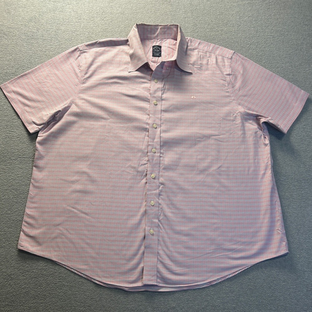 Brooks Brothers Short Sleeve Shirt Mens 2XL Pink Blue Plaid Non-Iron Stretch